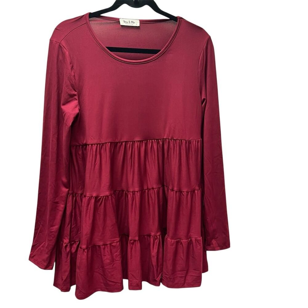 You & Me Women's M Red Tiered Babydoll Blouse Long Sleeve Ruffle Hem Casual